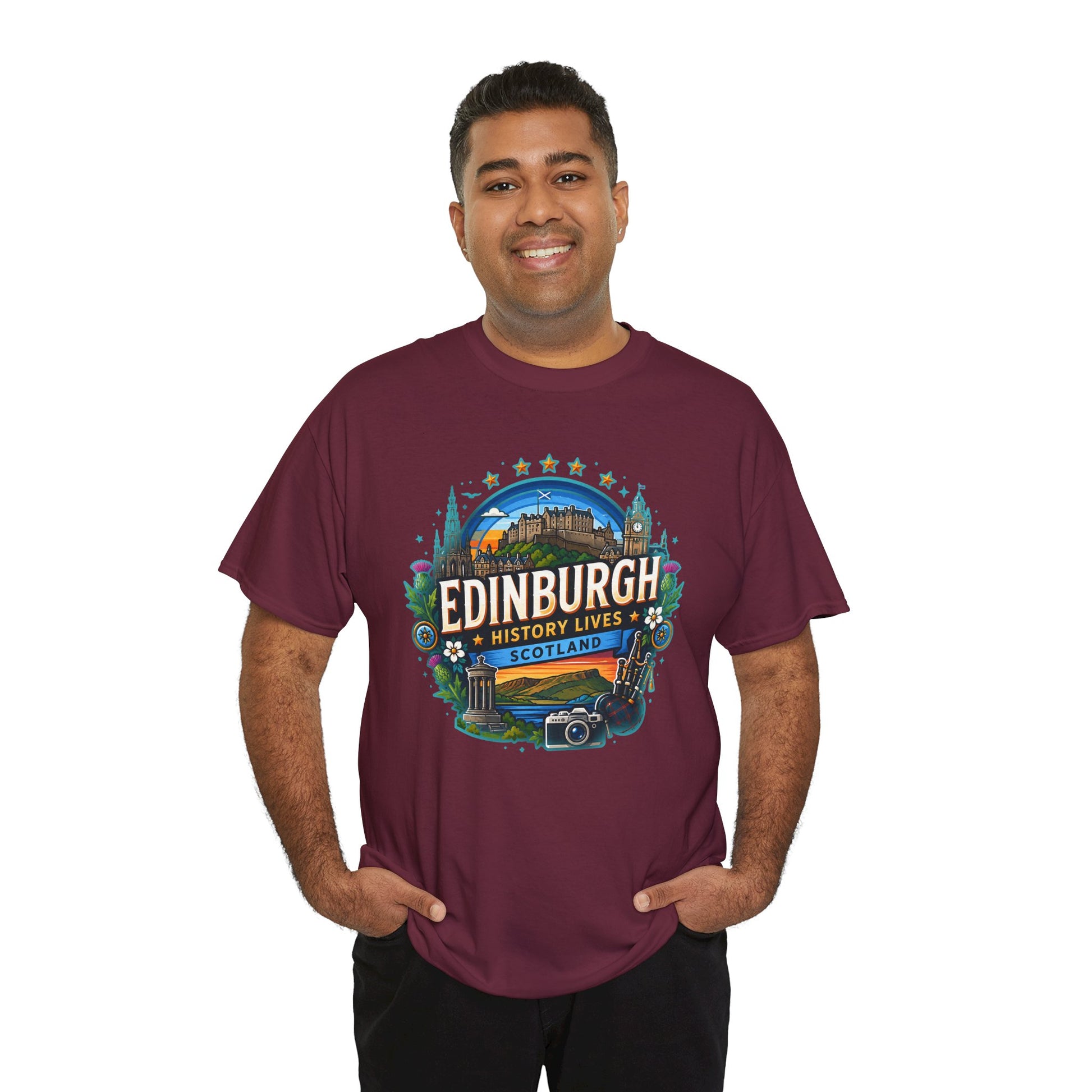 Burgundy travel T-shirt on a man, crew neck, short sleeves, front Edinburgh graphic