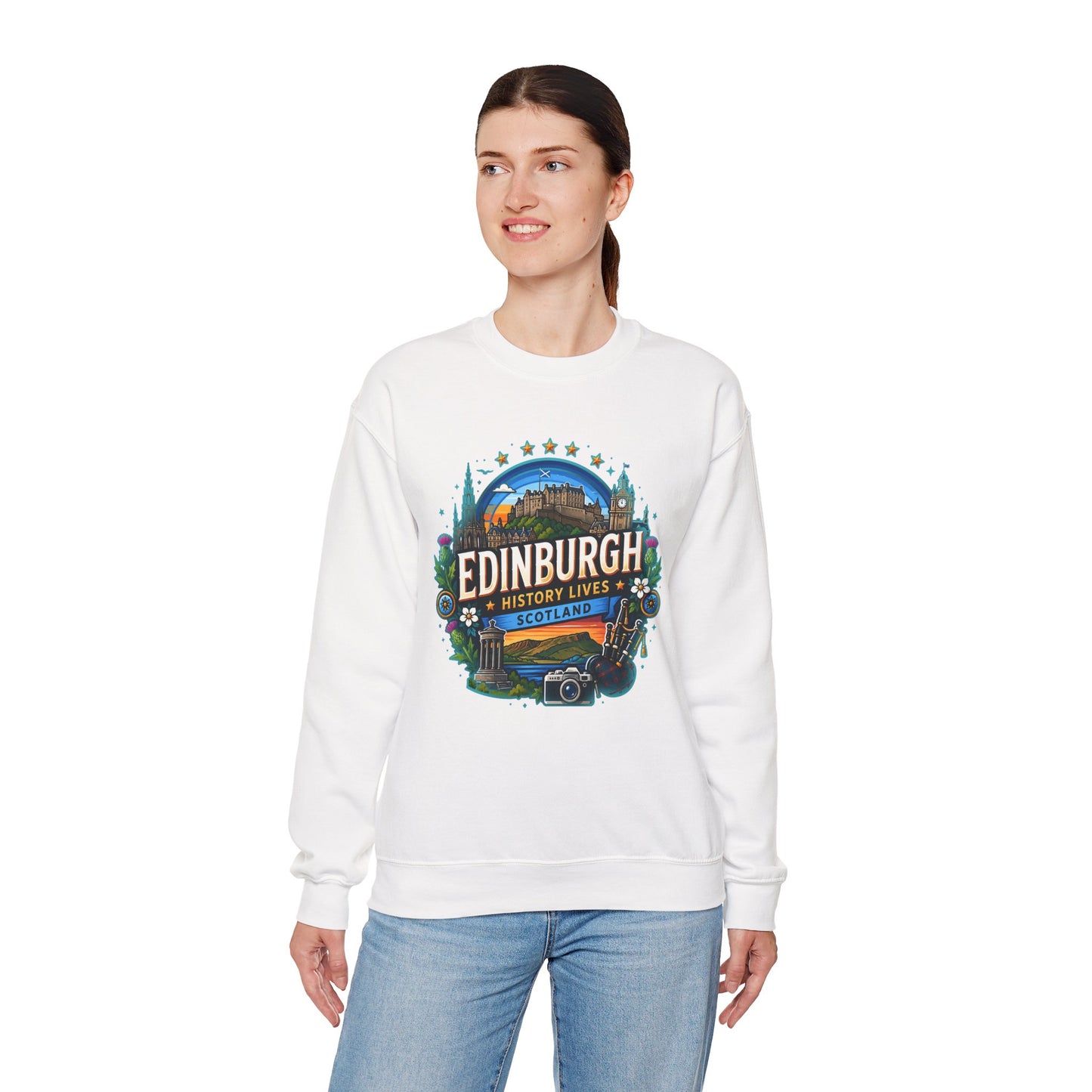 White crewneck sweatshirt with colorful Edinburgh graphic print on the chest