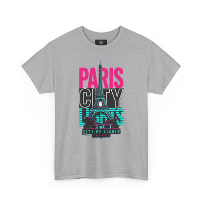 Gray crewneck T-shirt with PARIS CITY OF LIGHTS Eiffel graphic