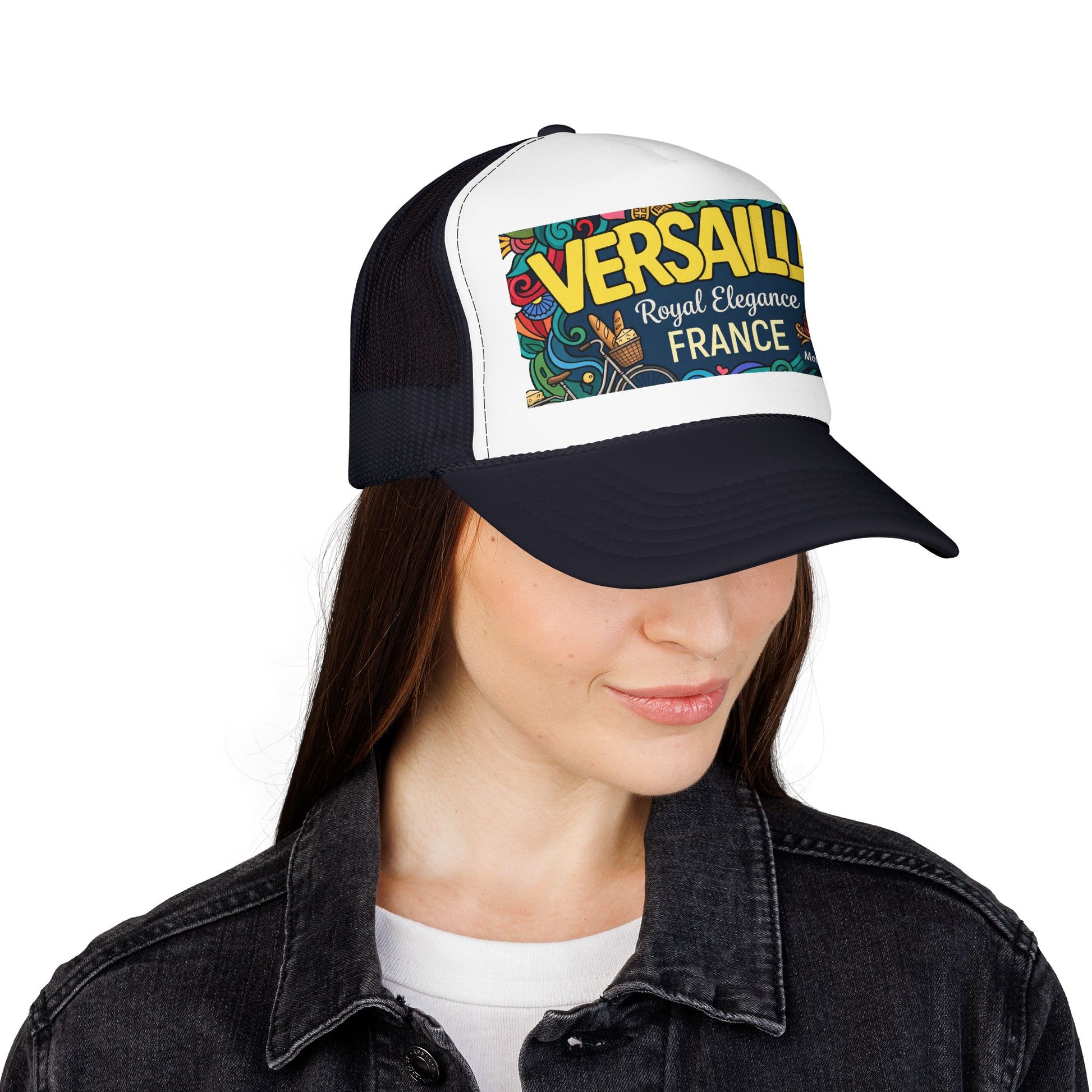 Two-tone black and white trucker hat with mesh back and colorful Versailles France patch