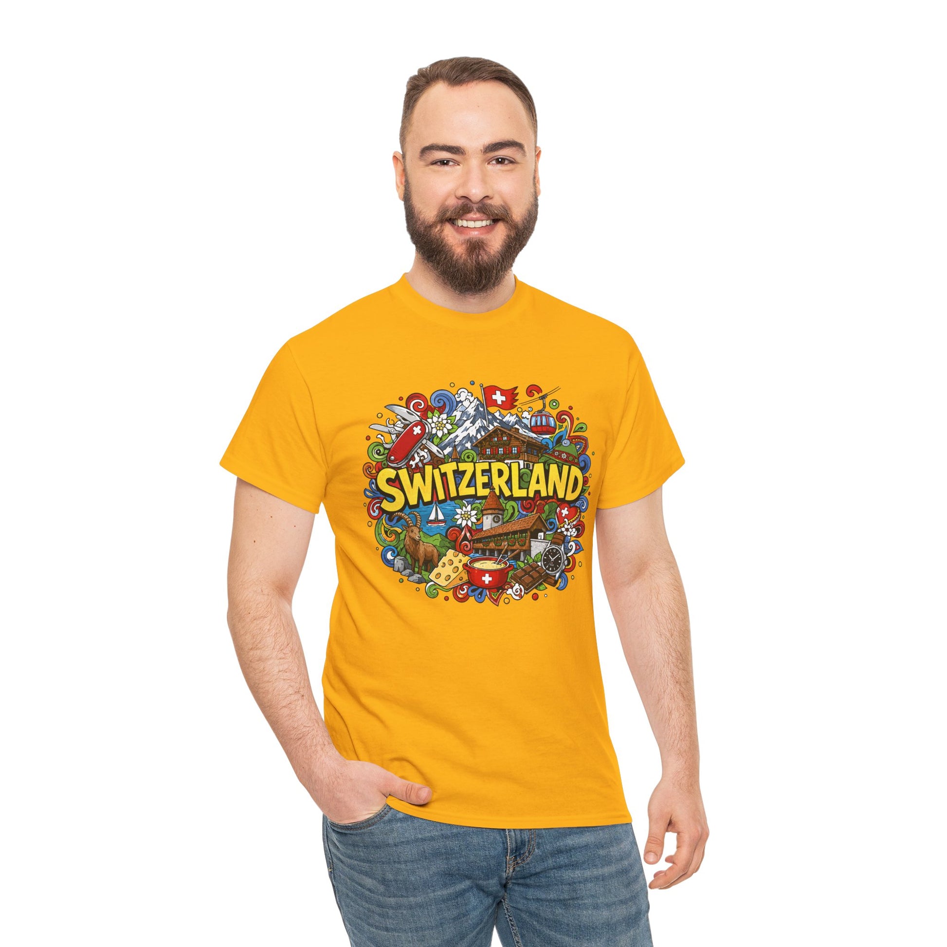 Orange crew-neck Switzerland travel T-shirt with colorful round chest graphic