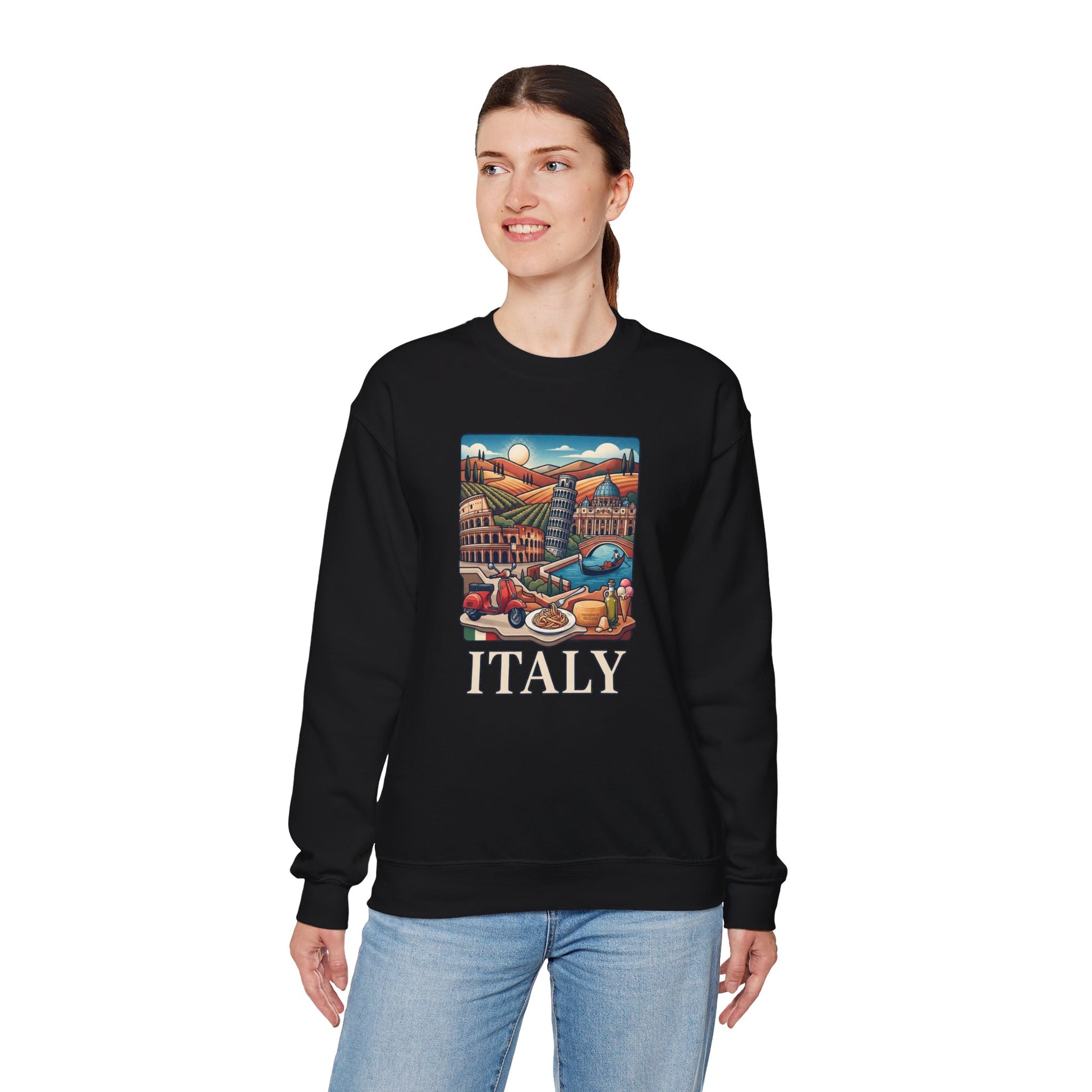 Italy travel sweatshirt, black crewneck with colorful “ITALY” graphic on the front