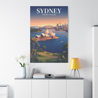 Vertical canvas wall art of Sydney Opera House at sunset, blue and orange illustration.