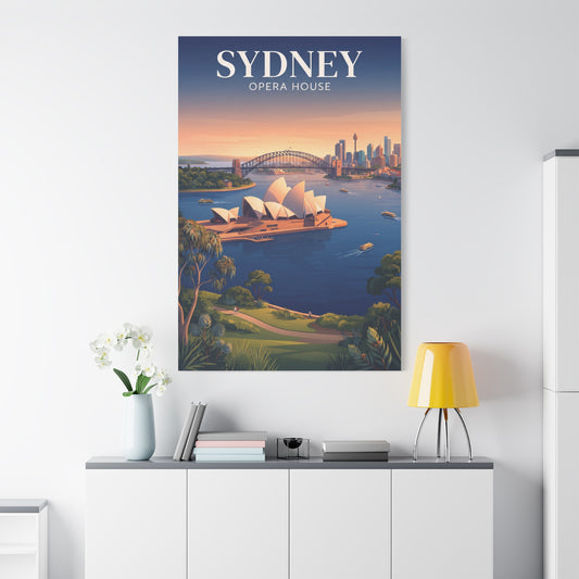 Vertical canvas wall art of Sydney Opera House at sunset, blue and orange illustration.