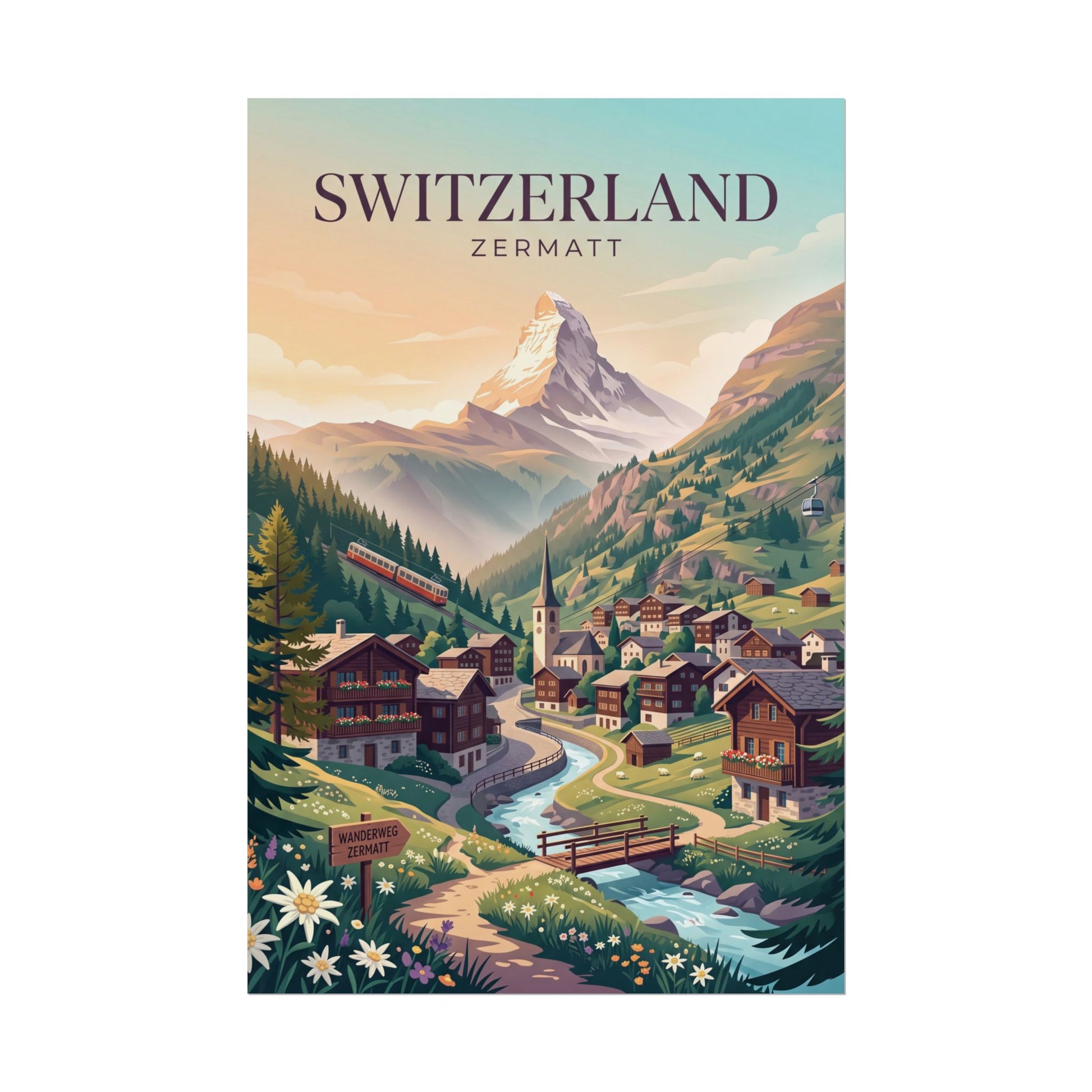 Switzerland Zermatt poster, colorful alpine village scene with Matterhorn-style peak