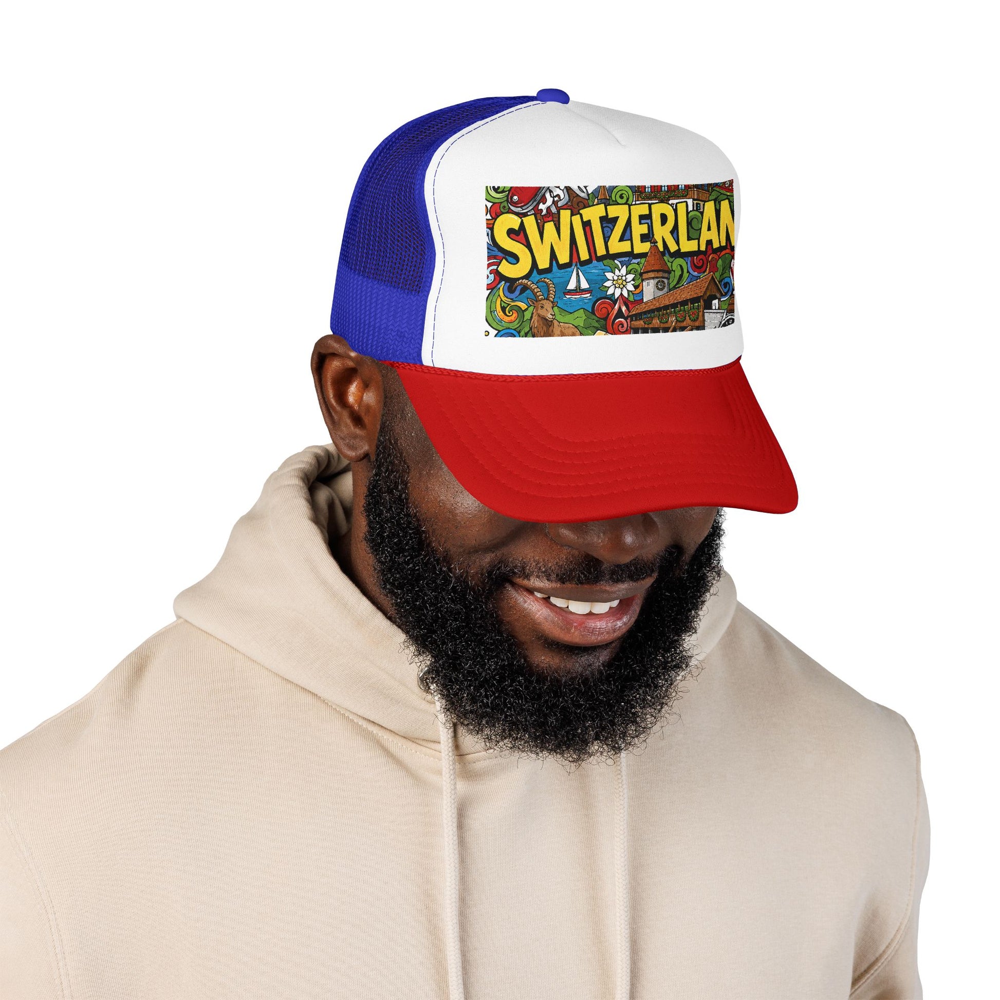 Trucker hat with blue mesh, white front, red brim, and colorful Switzerland graphic patch