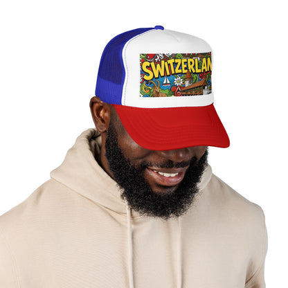 Trucker hat with blue mesh, white front, red brim, and colorful Switzerland graphic patch