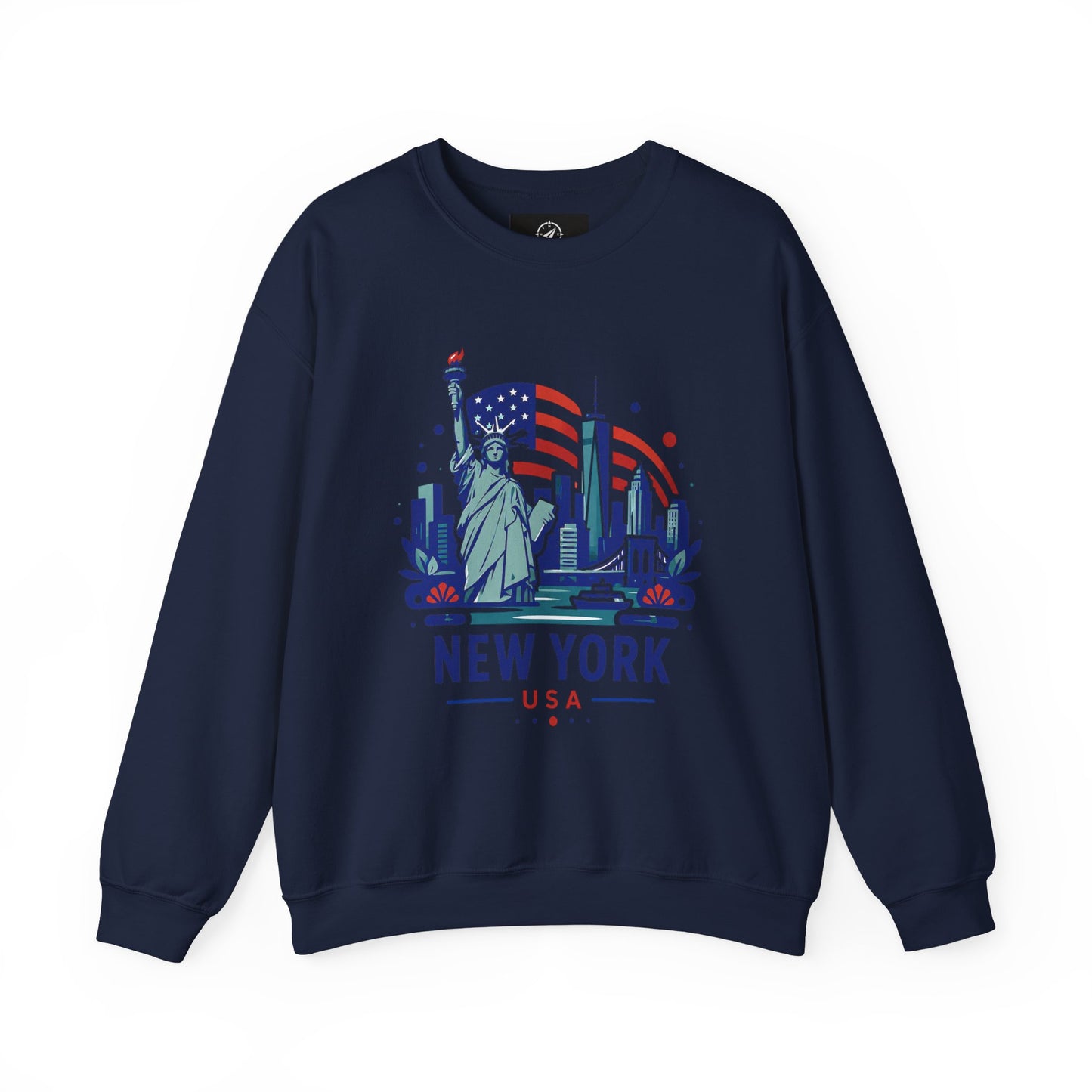 Navy crewneck sweatshirt with New York USA Statue of Liberty graphic on front