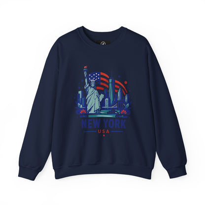Navy crewneck sweatshirt with New York USA Statue of Liberty graphic on front