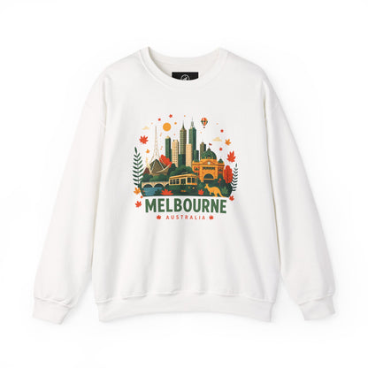 White crewneck sweatshirt with Melbourne city graphic print