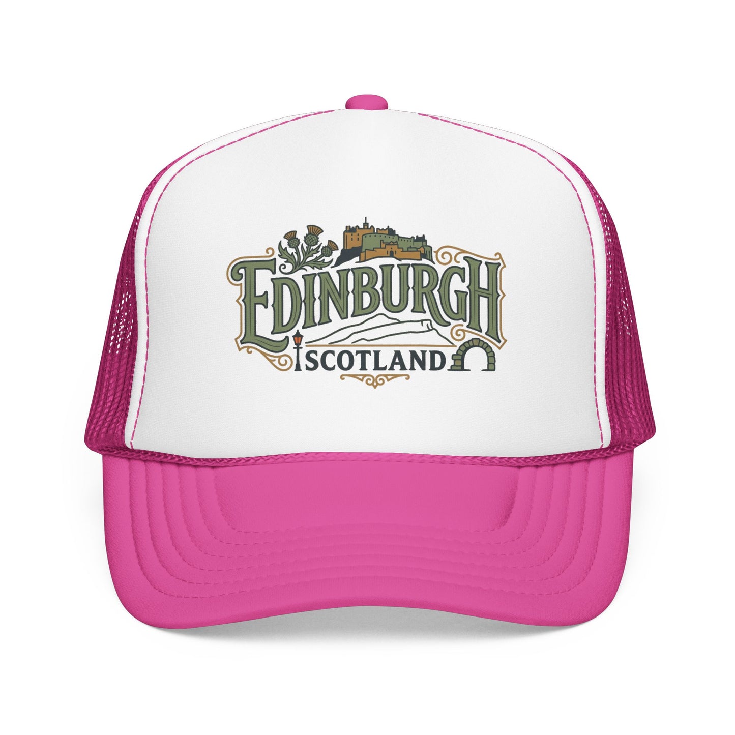 White and hot pink trucker hat with mesh back and Edinburgh Scotland logo