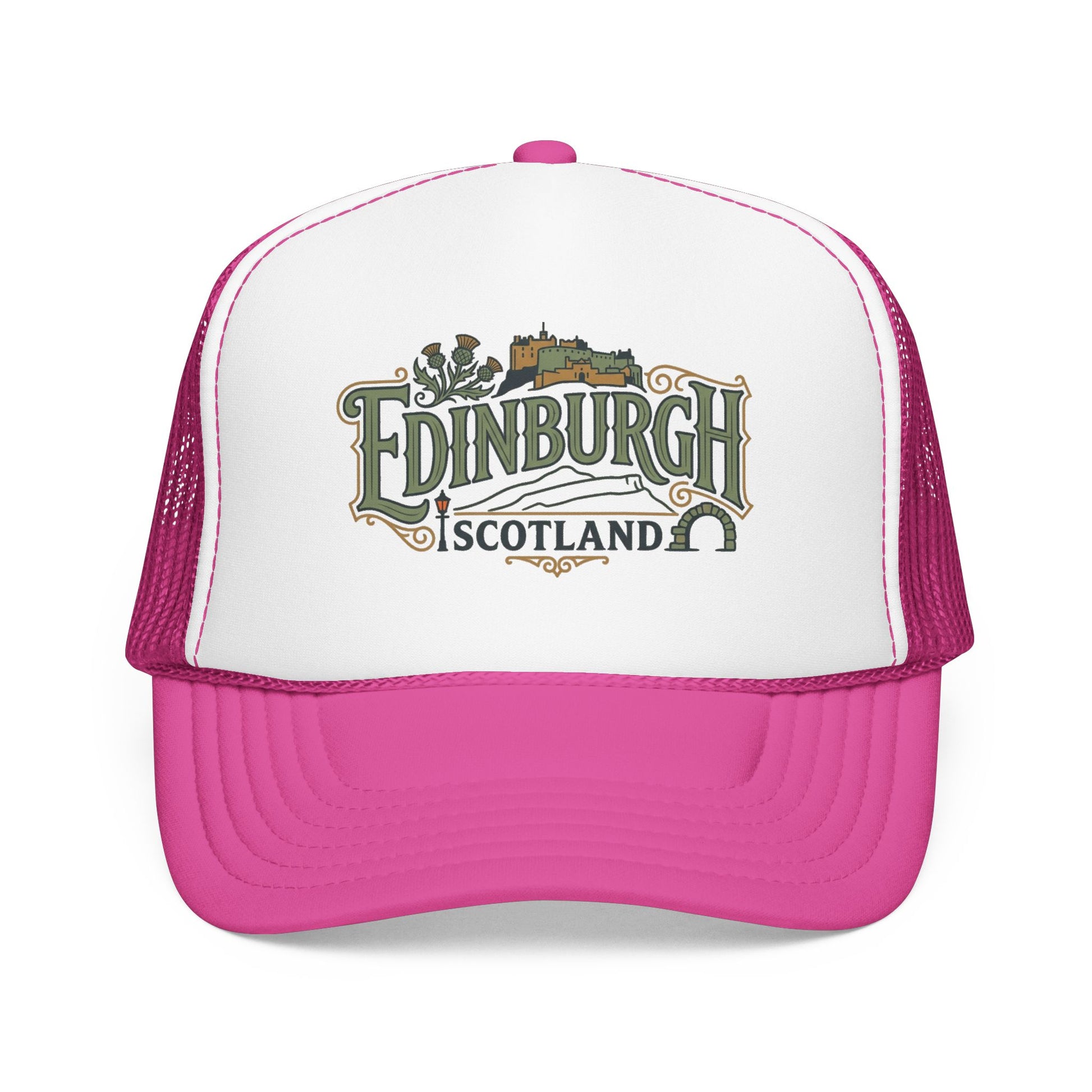White and hot pink trucker hat with mesh back and Edinburgh Scotland logo