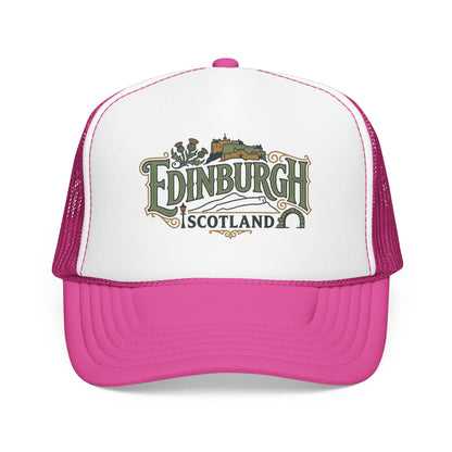 White and hot pink trucker hat with mesh back and Edinburgh Scotland logo