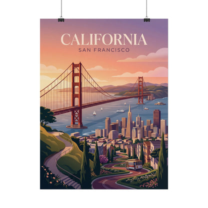 San Francisco California poster with Golden Gate Bridge, bay boats, and city skyline