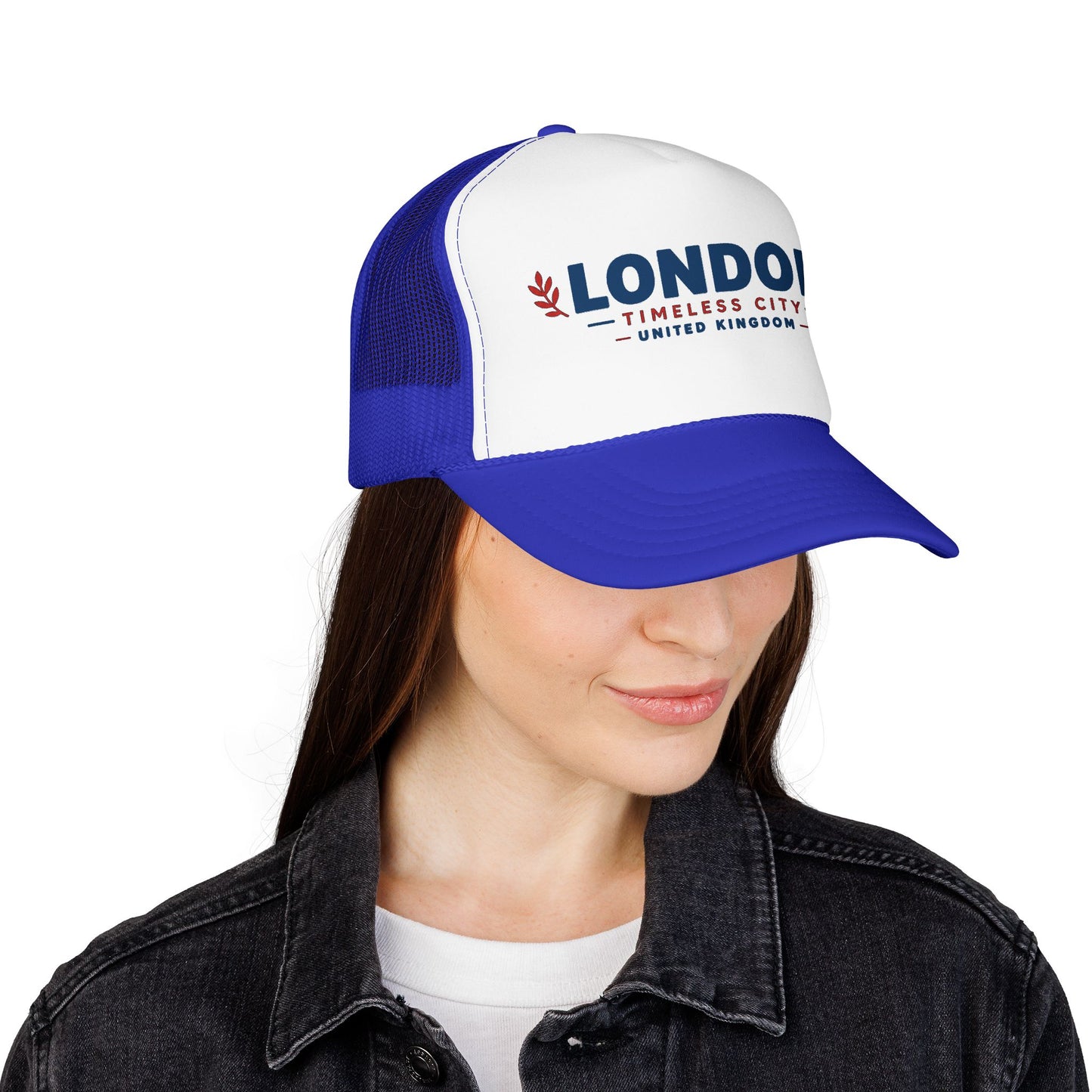 London Timbers trucker hat with white front, royal blue mesh panels, and LONDON logo.