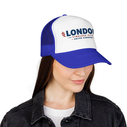 London Timbers trucker hat with white front, royal blue mesh panels, and LONDON logo.