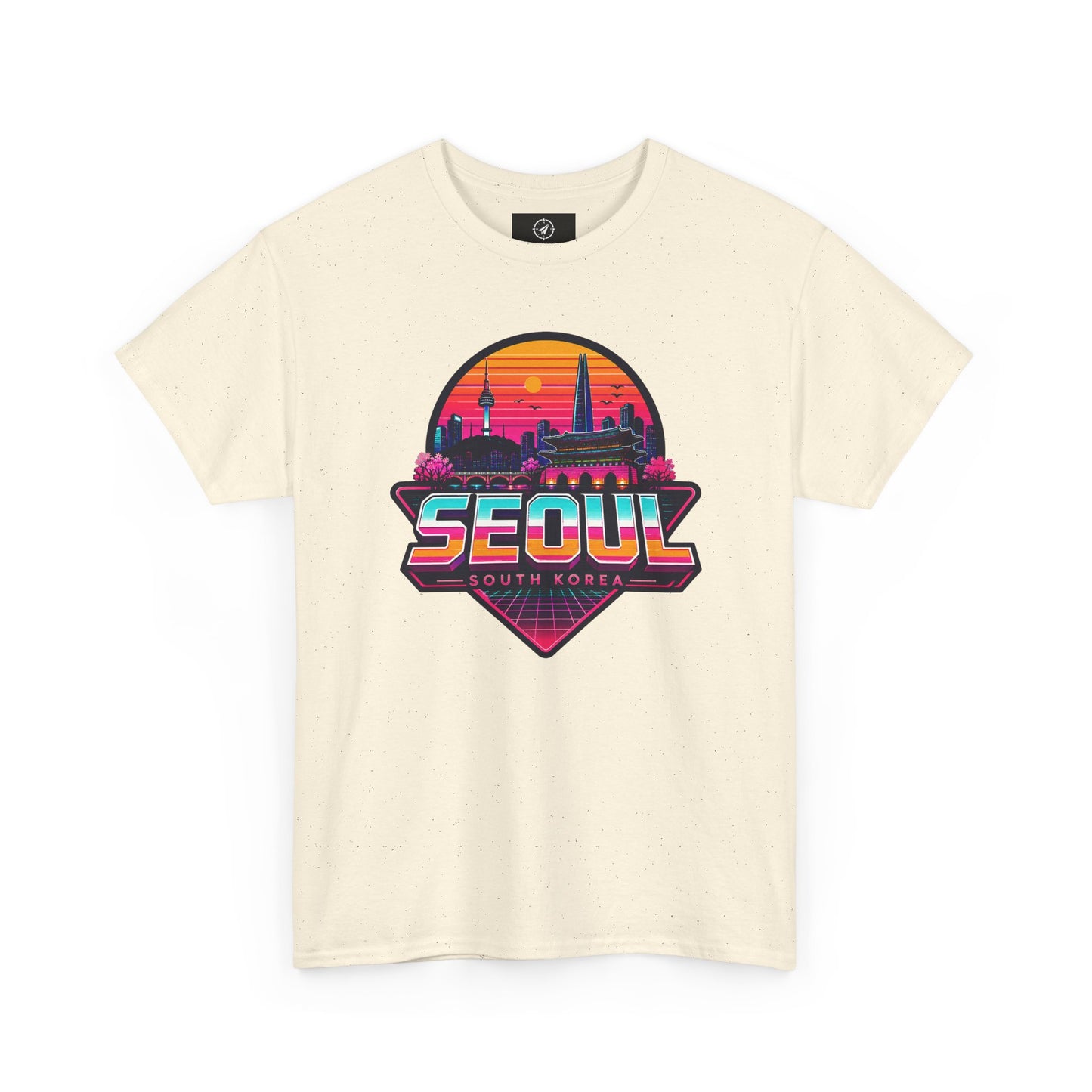 Light beige crewneck T-shirt with “SEOUL” retro city graphic on the chest