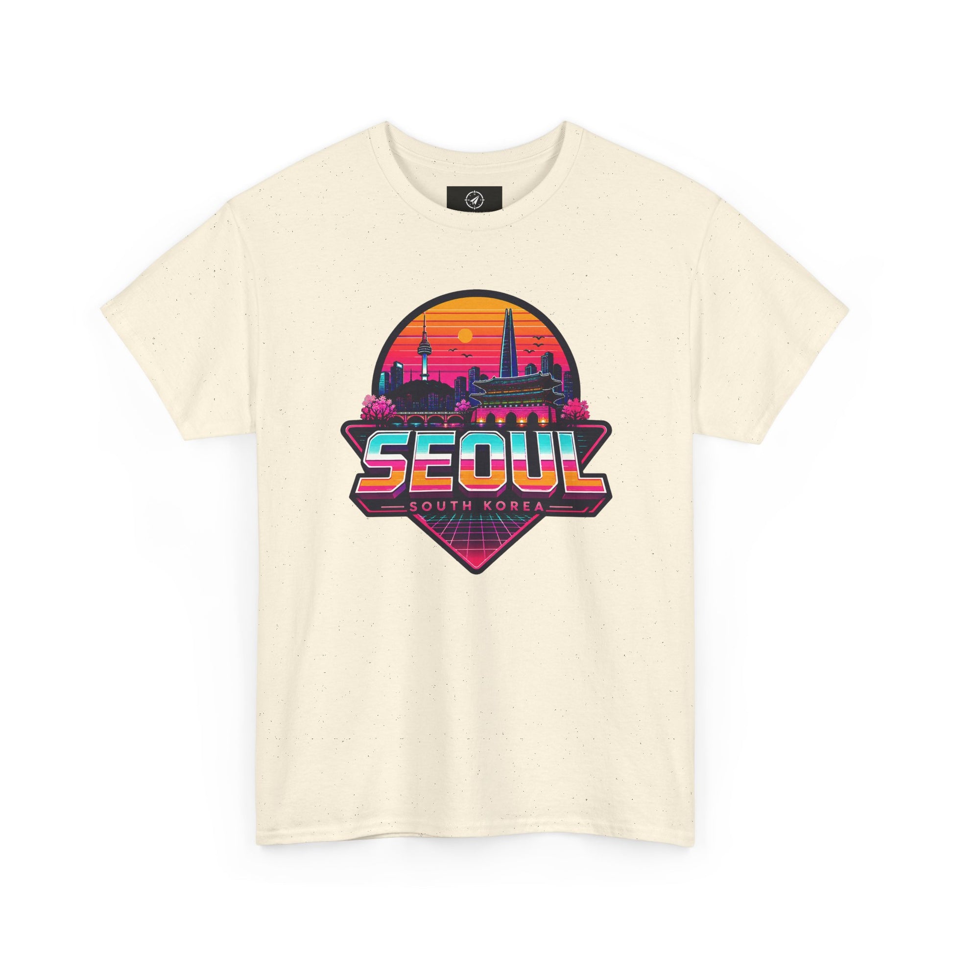 Light beige crewneck T-shirt with “SEOUL” retro city graphic on the chest