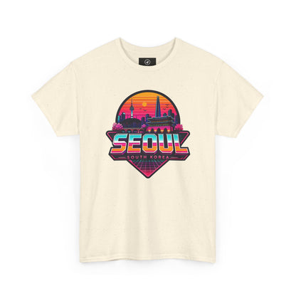 Light beige crewneck T-shirt with “SEOUL” retro city graphic on the chest
