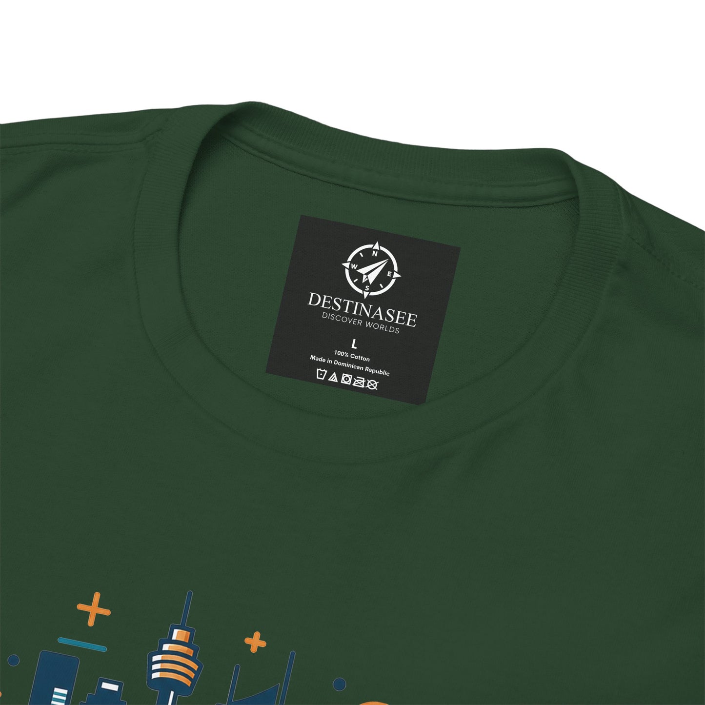 Forest green crew-neck T-shirt with printed neck label and partial cityscape graphic