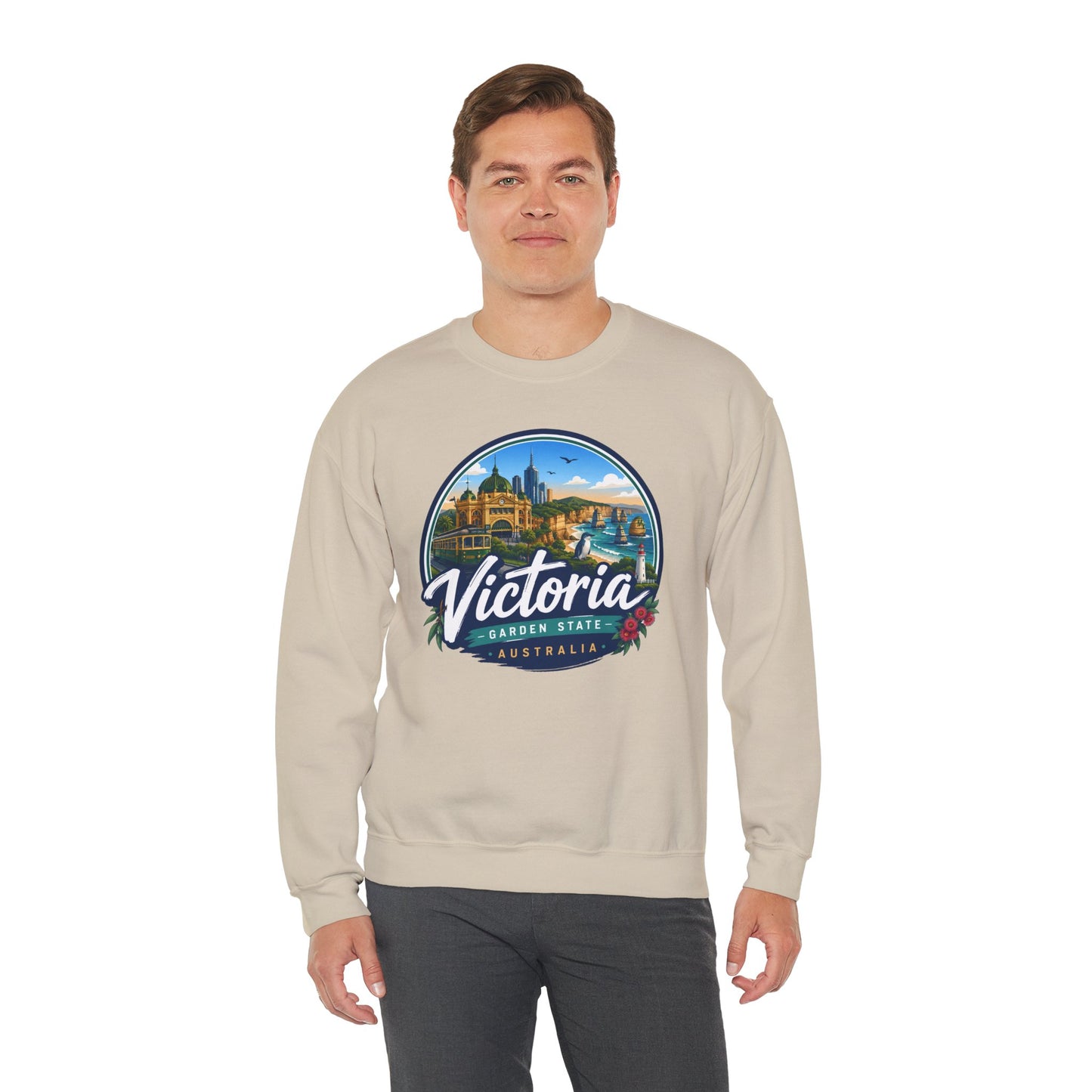 Sand crewneck sweatshirt with large front graphic print and ribbed cuffs
