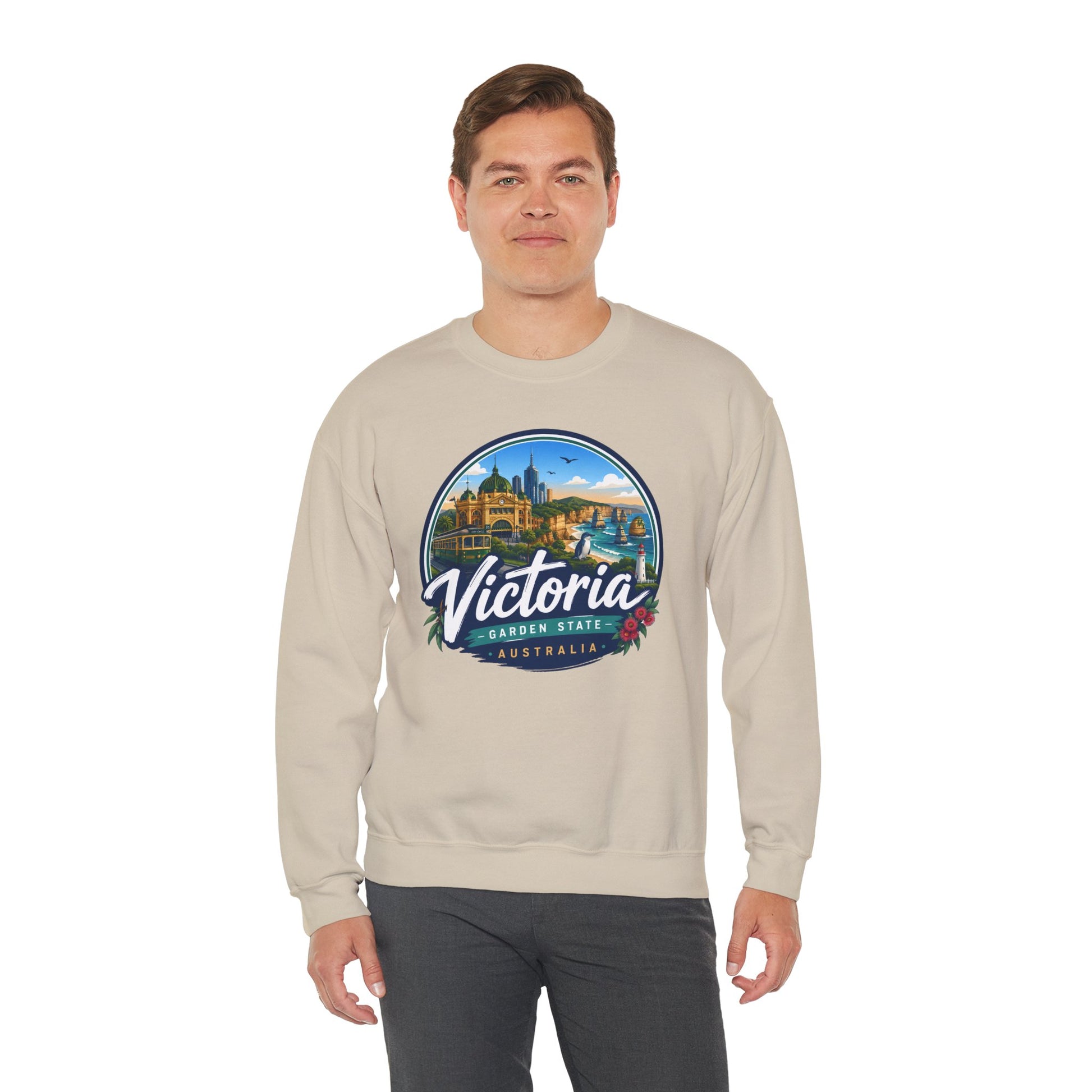 Sand crewneck sweatshirt with large front graphic print and ribbed cuffs