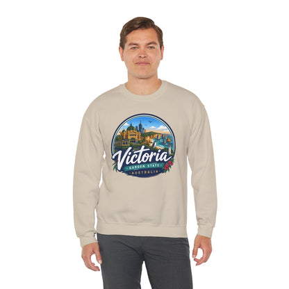 Sand crewneck sweatshirt with large front graphic print and ribbed cuffs