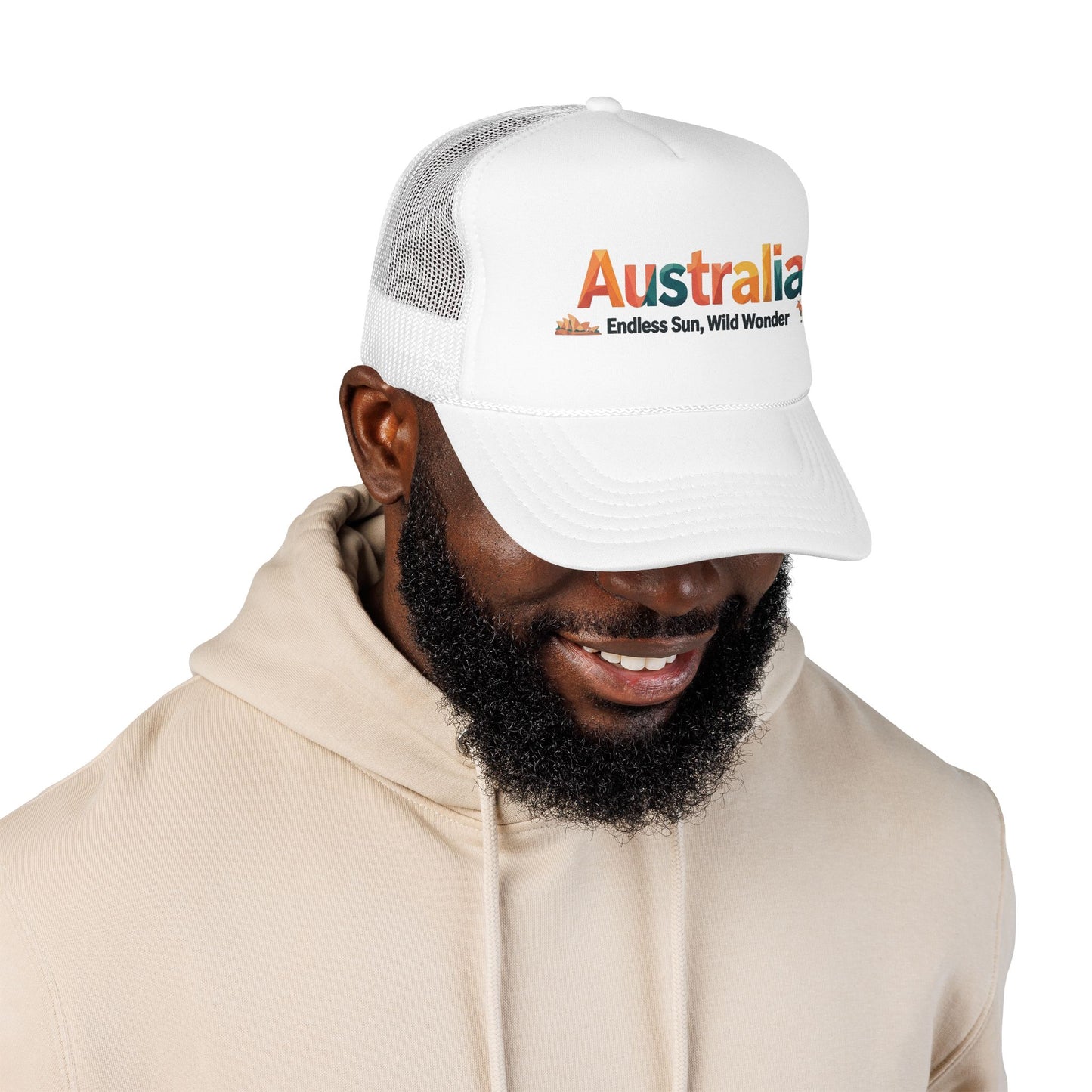 White mesh-back cap with Australia logo patch, curved brim