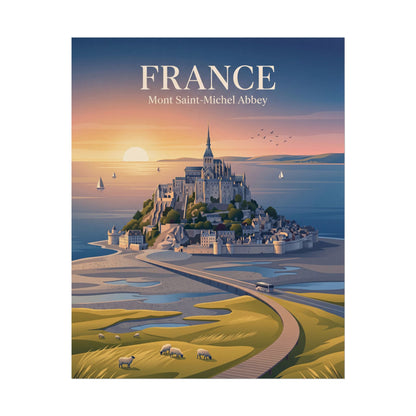 France travel poster featuring Mont Saint-Michel Abbey with 'FRANCE' headline and sunset sky