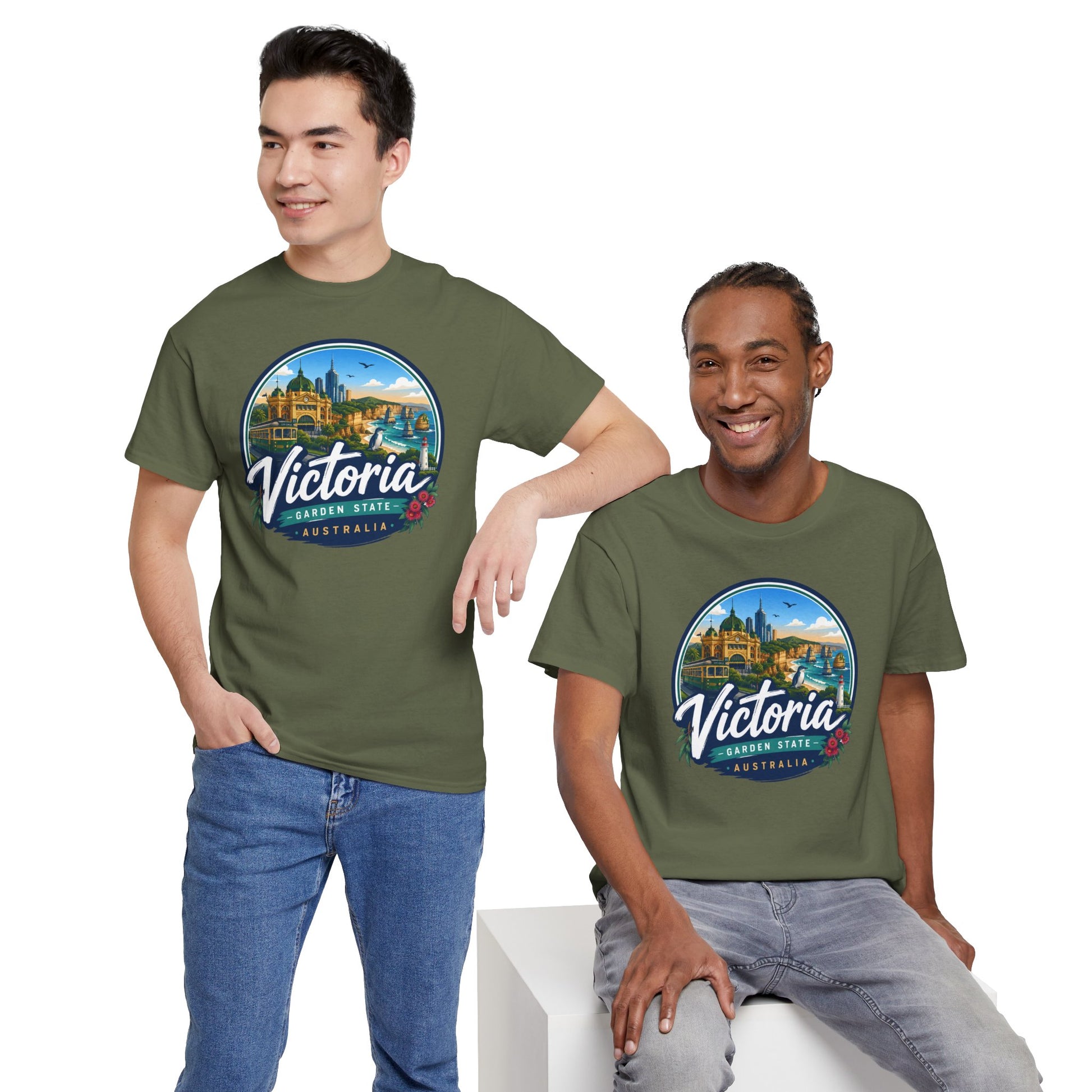 Forest green Victoria travel tee with circular city graphic on the chest