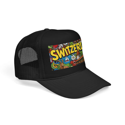 Black trucker hat with mesh back and colorful “SWITZERLAN” front graphic patch