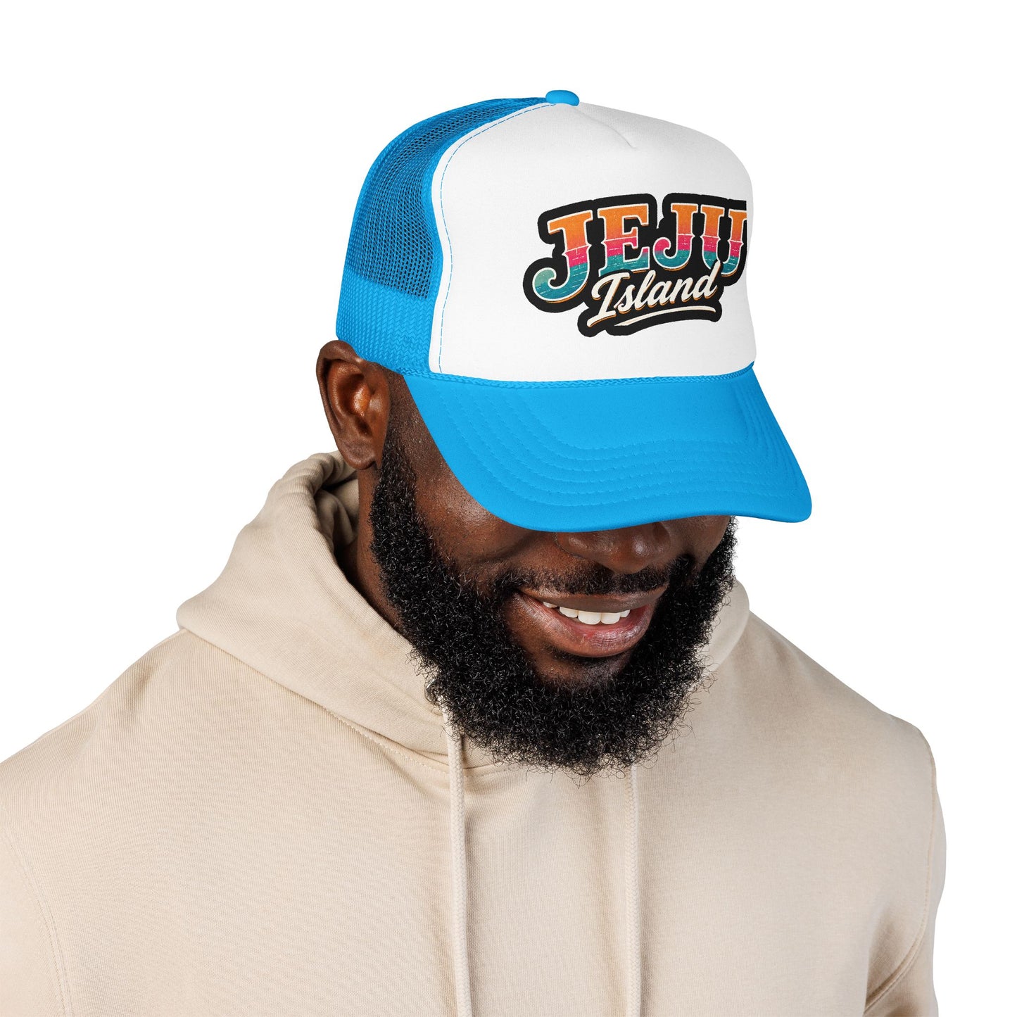 Blue and white foam trucker hat with “JEJU Island” logo patch, curved brim