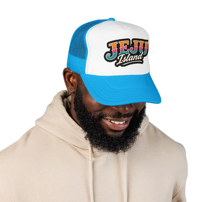Blue and white foam trucker hat with “JEJU Island” logo patch, curved brim