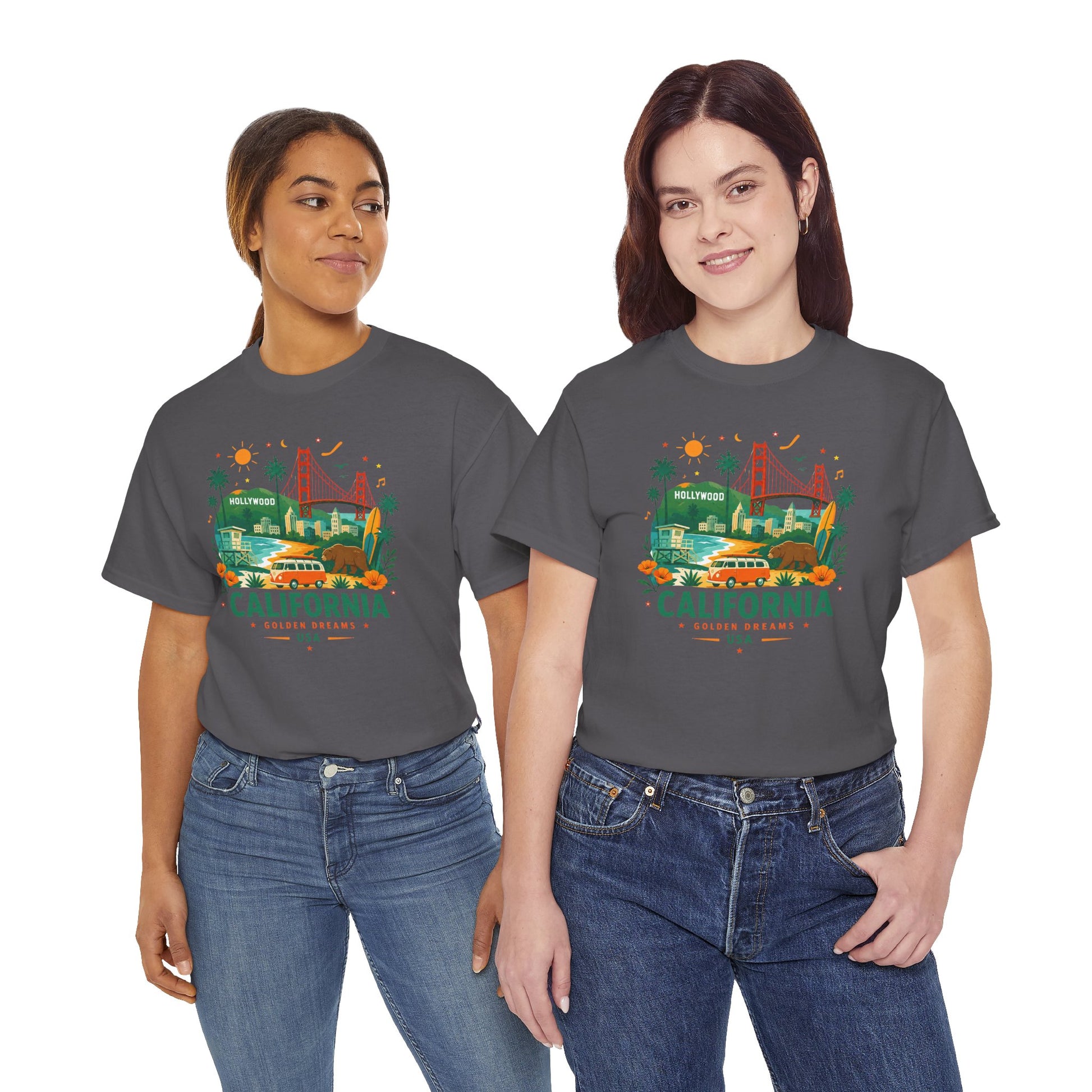 Charcoal gray T-shirt on two models; front California skyline graphic print