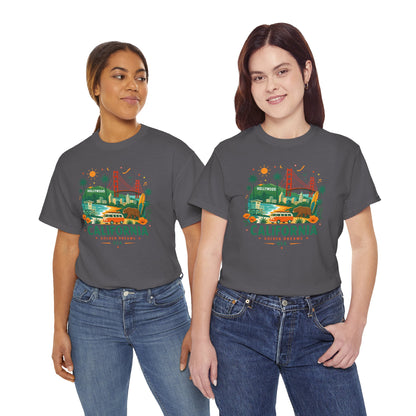 Charcoal gray T-shirt on two models; front California skyline graphic print