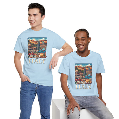 Light blue Italy graphic T-shirt on two models, front print with "ITALY"