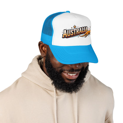 Trucker hat with white front and bright blue mesh; Australia logo on front panel