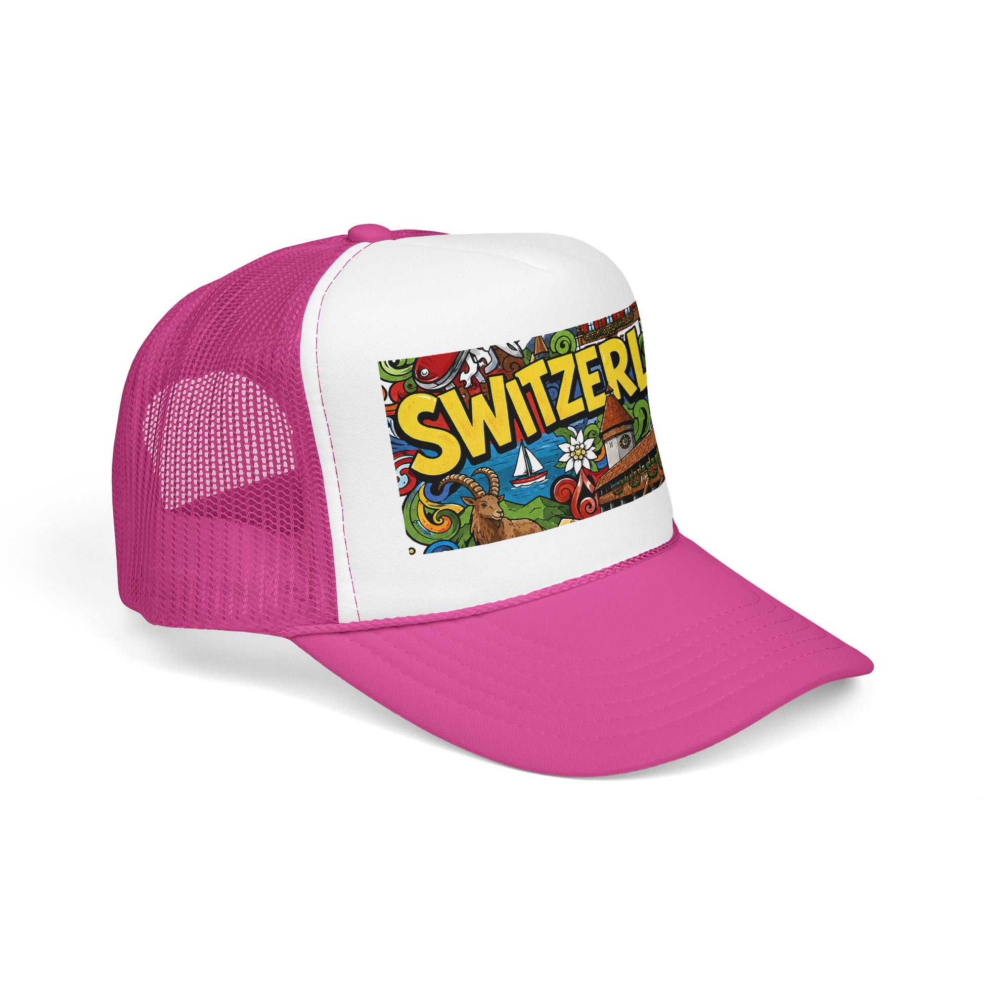 Pink and white trucker hat with colorful Switzerland graphic patch on the front panel.