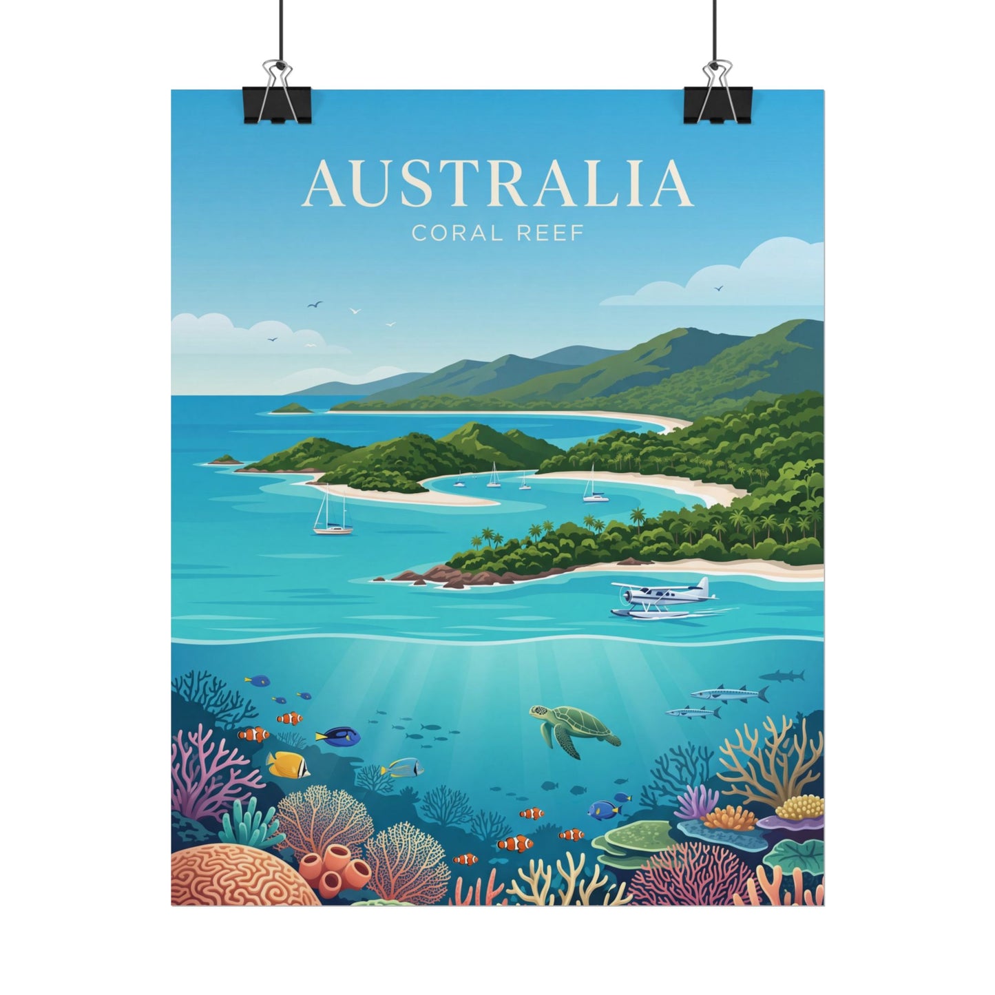 Rolled Australia coral reef poster, turquoise ocean scene with islands, boats, and colorful fish.