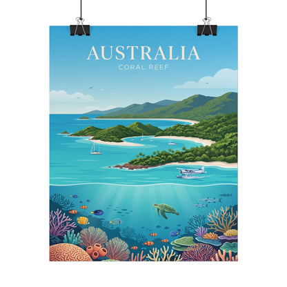 Rolled Australia coral reef poster, turquoise ocean scene with islands, boats, and colorful fish.