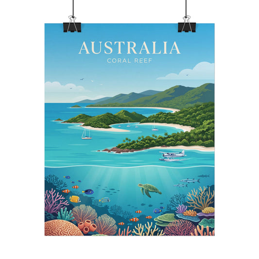 Rolled Australia coral reef poster, turquoise ocean scene with islands, boats, and colorful fish.