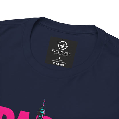 Navy T-shirt close-up: chest logo tag and partial Eiffel Tower neon-style print