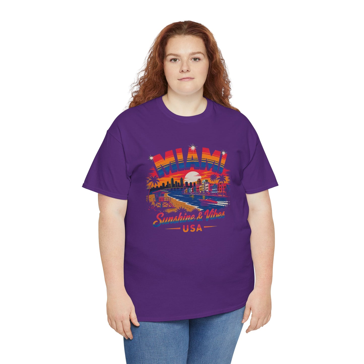 Purple T-shirt with colorful Miami skyline graphic and USA text