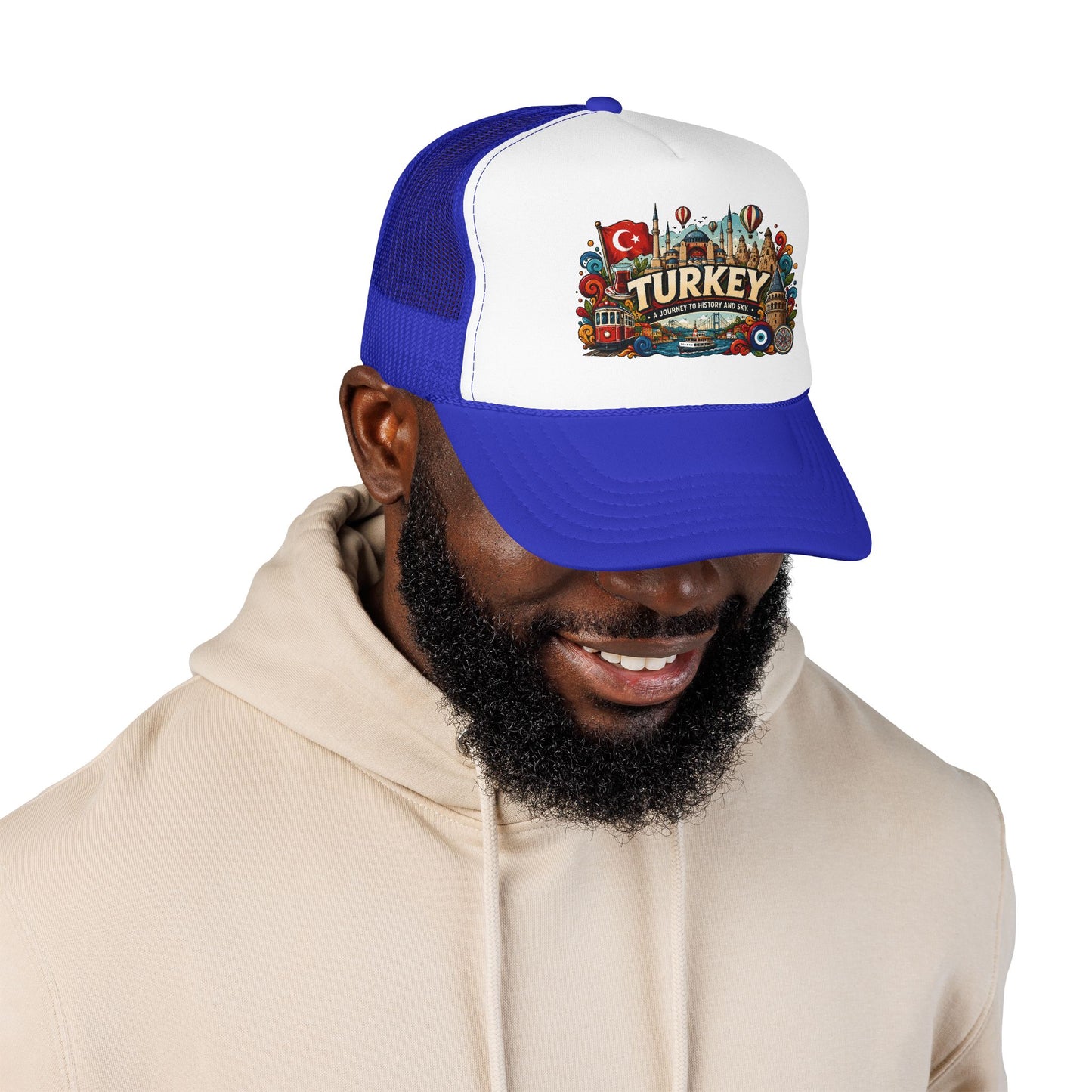 Blue and white mesh trucker hat with colorful Turkey logo patch and curved brim