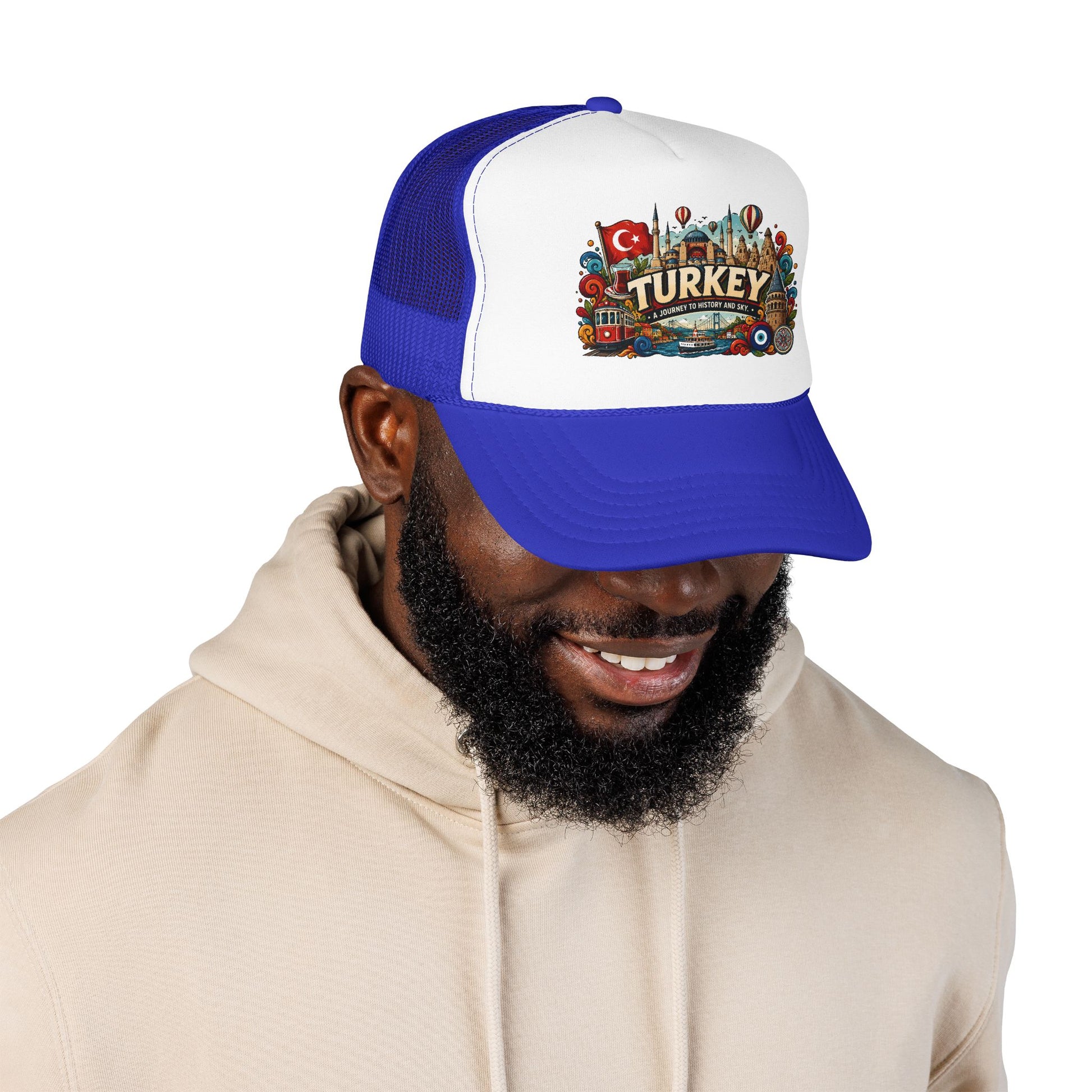 Blue and white mesh trucker hat with colorful Turkey logo patch and curved brim