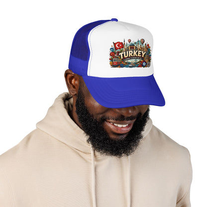 Blue and white mesh trucker hat with colorful Turkey logo patch and curved brim