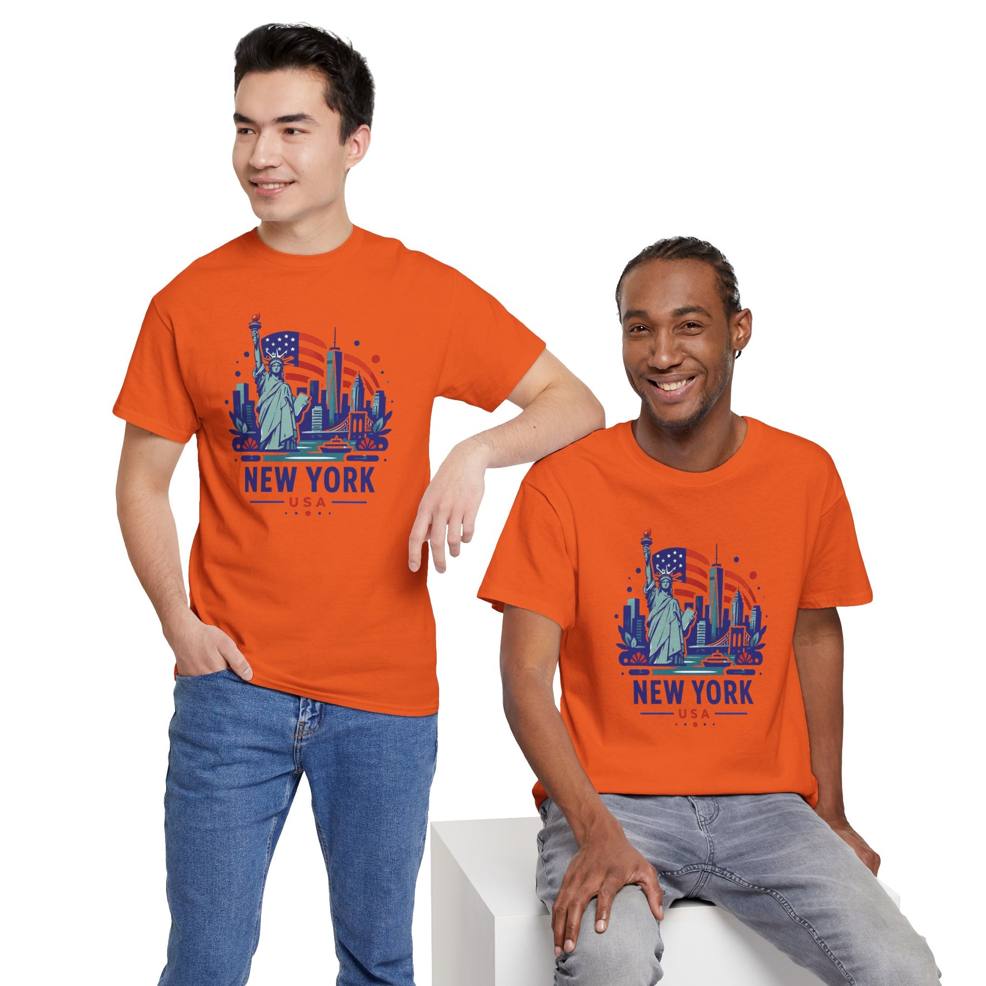 Orange crewneck T-shirt with Statue of Liberty New York USA front graphic