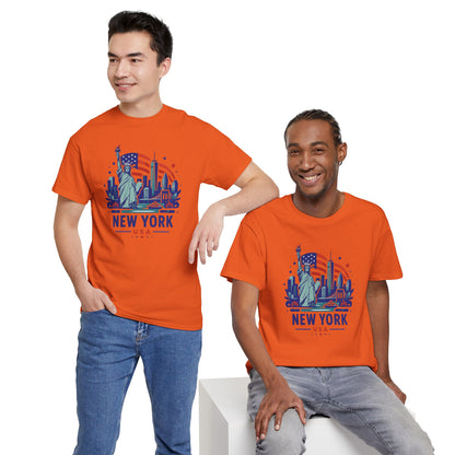 Orange crewneck T-shirt with Statue of Liberty New York USA front graphic