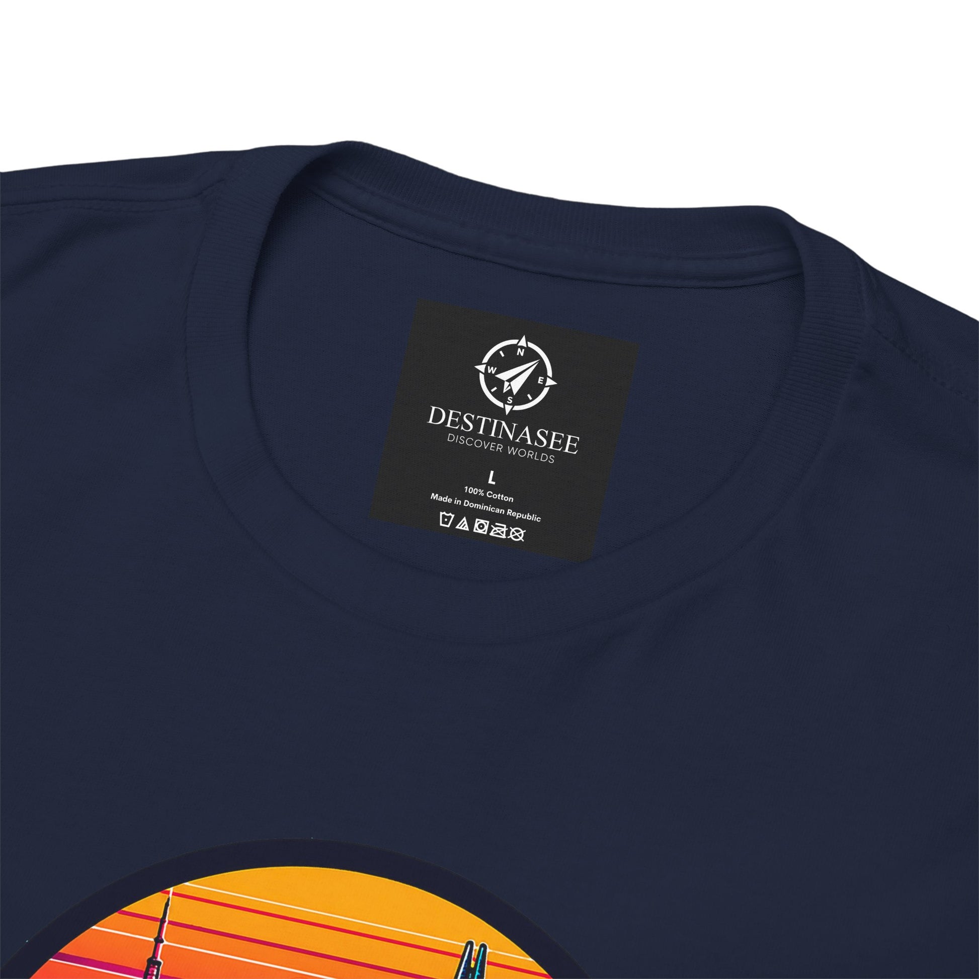 Navy t-shirt close-up with neck brand label and partial Seoul skyline heart print