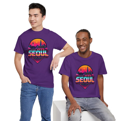 Purple T-shirt with Seoul sunset city heart graphic on crew neck